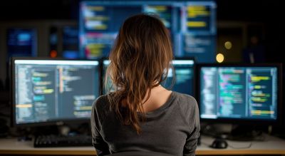 femme devant des écrans de pc