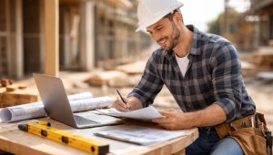 Travailleur sur chantier luttant avec les documents