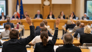 Réunion citoyenne avec mains levées