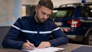 Agent rédigeant un rapport au bureau